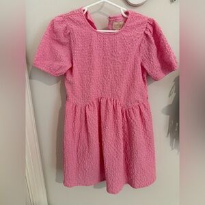 Girls' Pink Textured Puff-Sleeve Dress